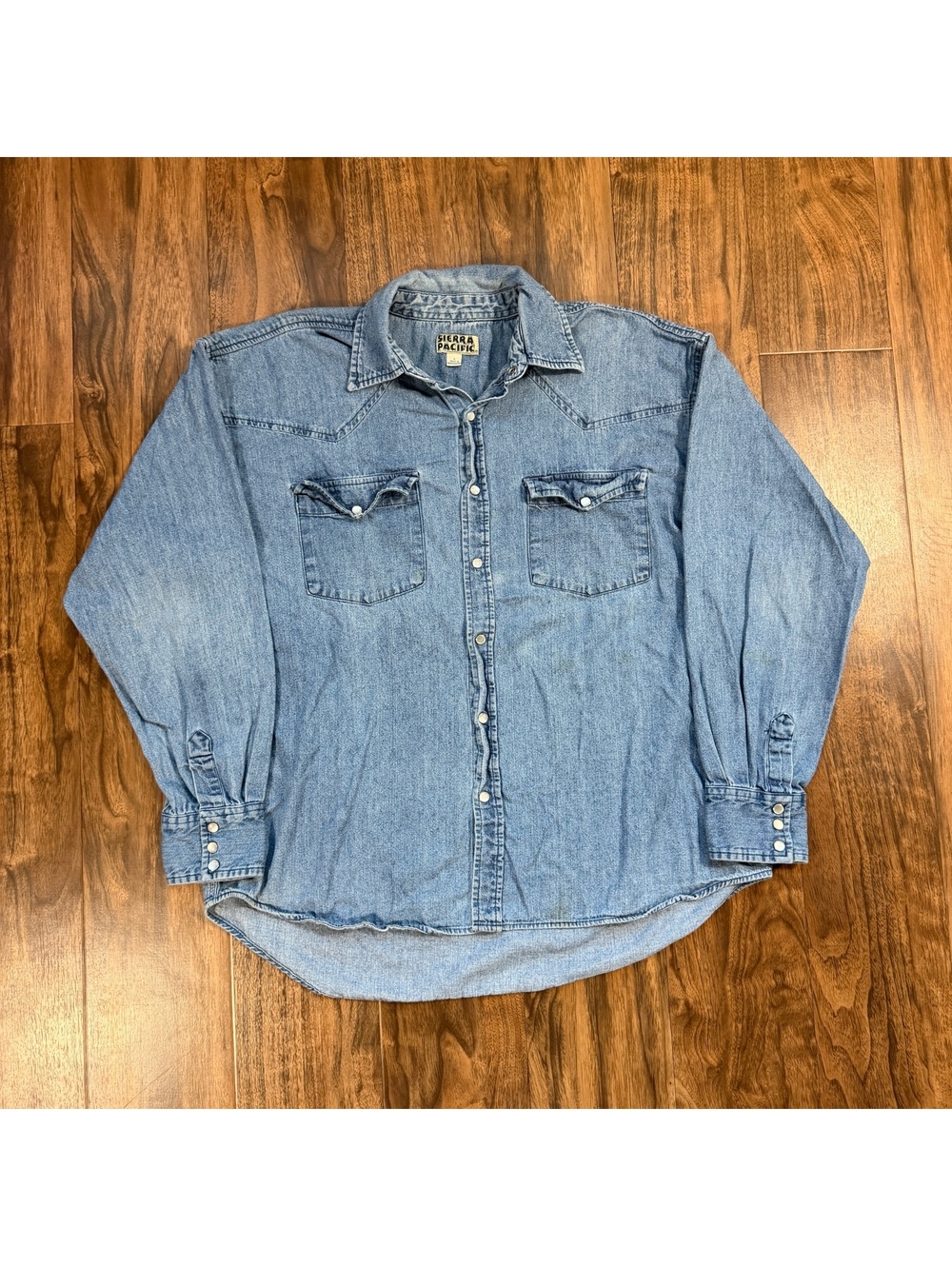 Vintage 90s Denim Western Pearl Snap Shirt Light Wash Mens L Sierra Pacific